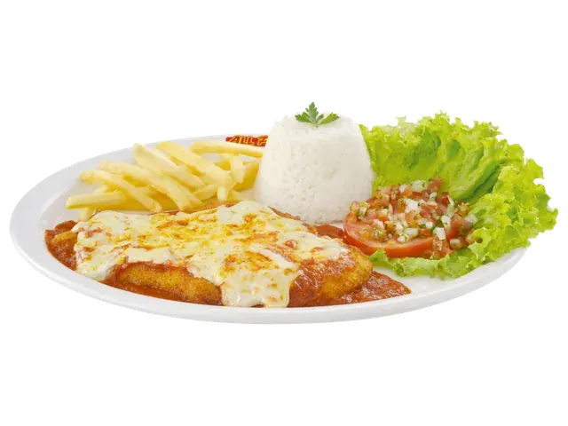 Chicken Filet Parmegiana, prato completo com acompanhamentos